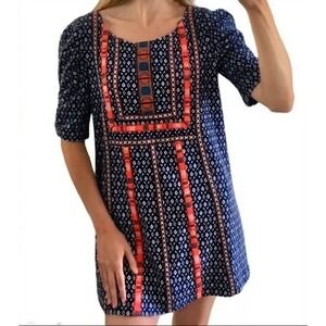 ANTHROPOLOGIE AKEMI + KIN Mini Dress Sz Large Navy knit Embroidered Red Trim Zip